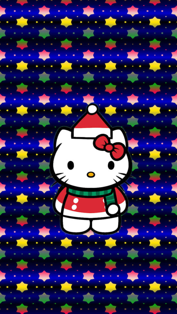 Cheerful Hello Kitty Christmas Wallpaper with Colorful Starry Background