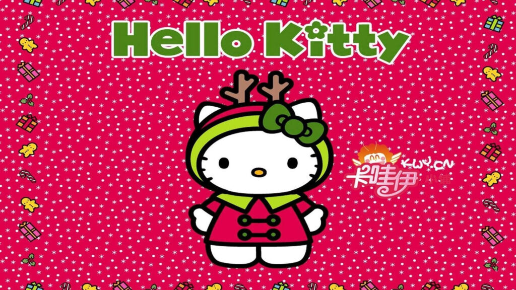 Cheerful Hello Kitty Holiday Wallpaper with Reindeer Antlers