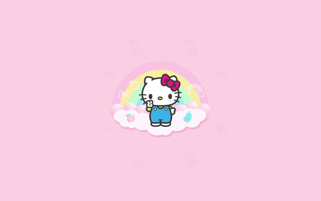 Cheerful Hello Kitty Wallpaper on Pastel Pink Background with Clouds