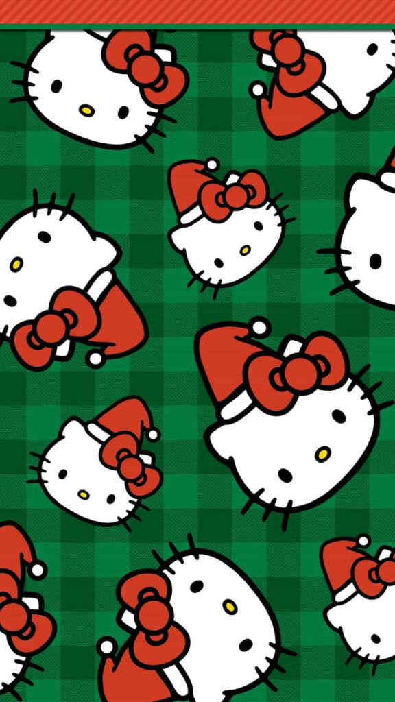 Cheerful Hello Kitty Santa Wallpaper on Green Checkered Background