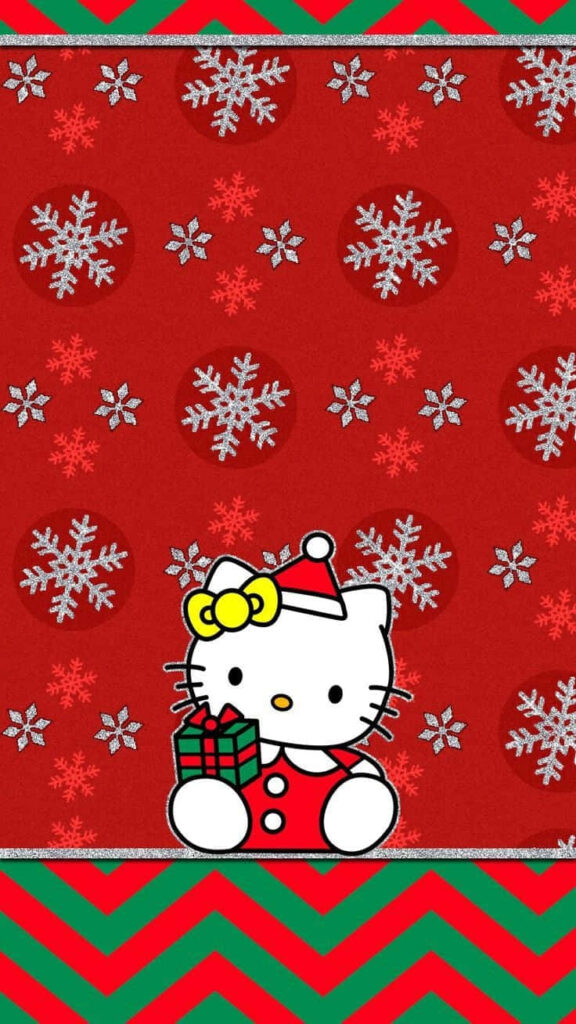 Cheerful Hello Kitty Santa Wallpaper with Snowflakes and Chevron Stripes