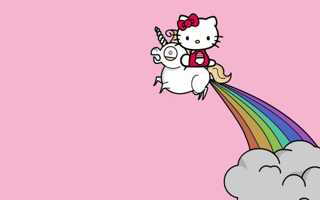 Playful Hello Kitty Unicorn Wallpaper on Pink Rainbow Background