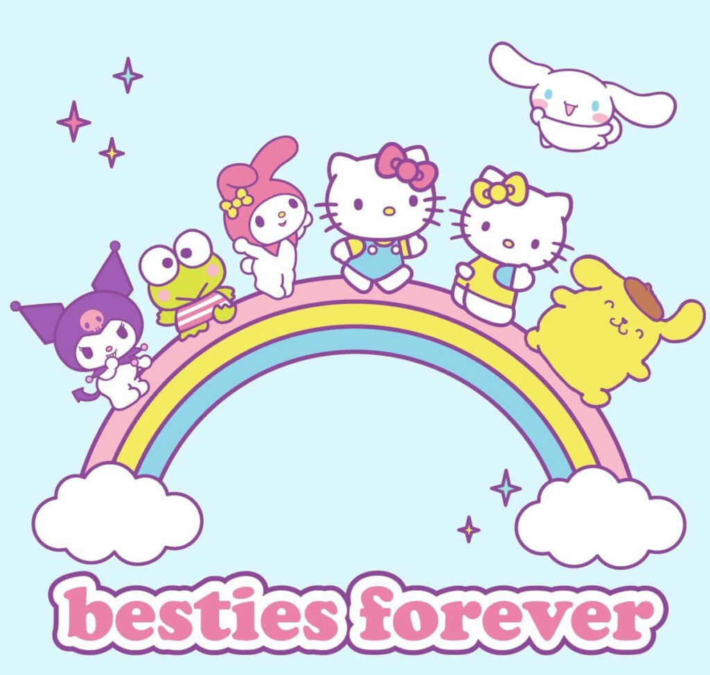 Cheerful Hello Kitty Wallpaper: Besties Forever on a Rainbow Adventure