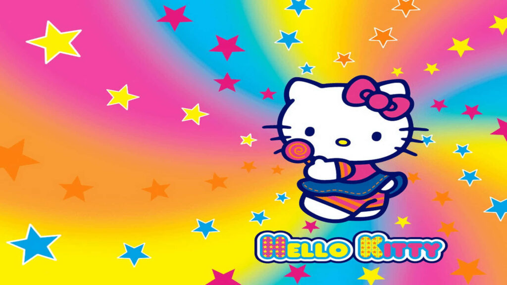 Playful Hello Kitty Wallpaper: Colorful Spiral & Star Design