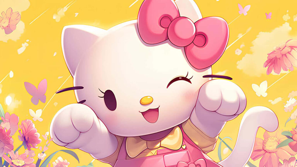 Cheerful 3D Hello Kitty Wallpaper with Butterflies on Yellow Background