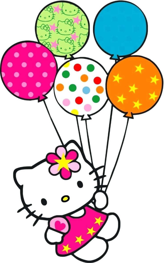 Festive Hello Kitty Wallpaper with Colorful Balloons and Patterns
