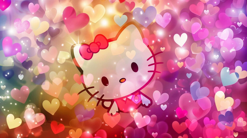Cheerful Hello Kitty Wallpaper with Colorful Hearts for Valentine's Day