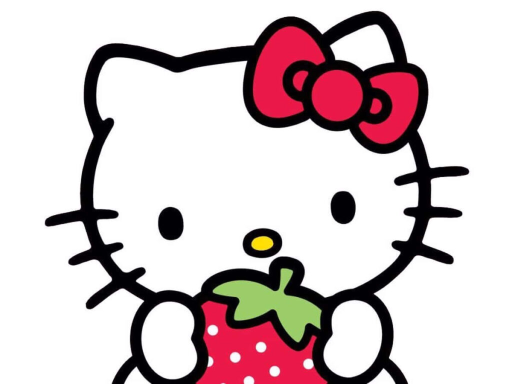 Cheerful Hello Kitty Holding Strawberry - Cute Wallpaper Design