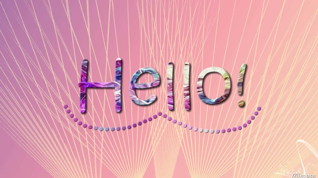 Cheerful Hello wallpaper with colorful textured letters on pink peach gradient background beams