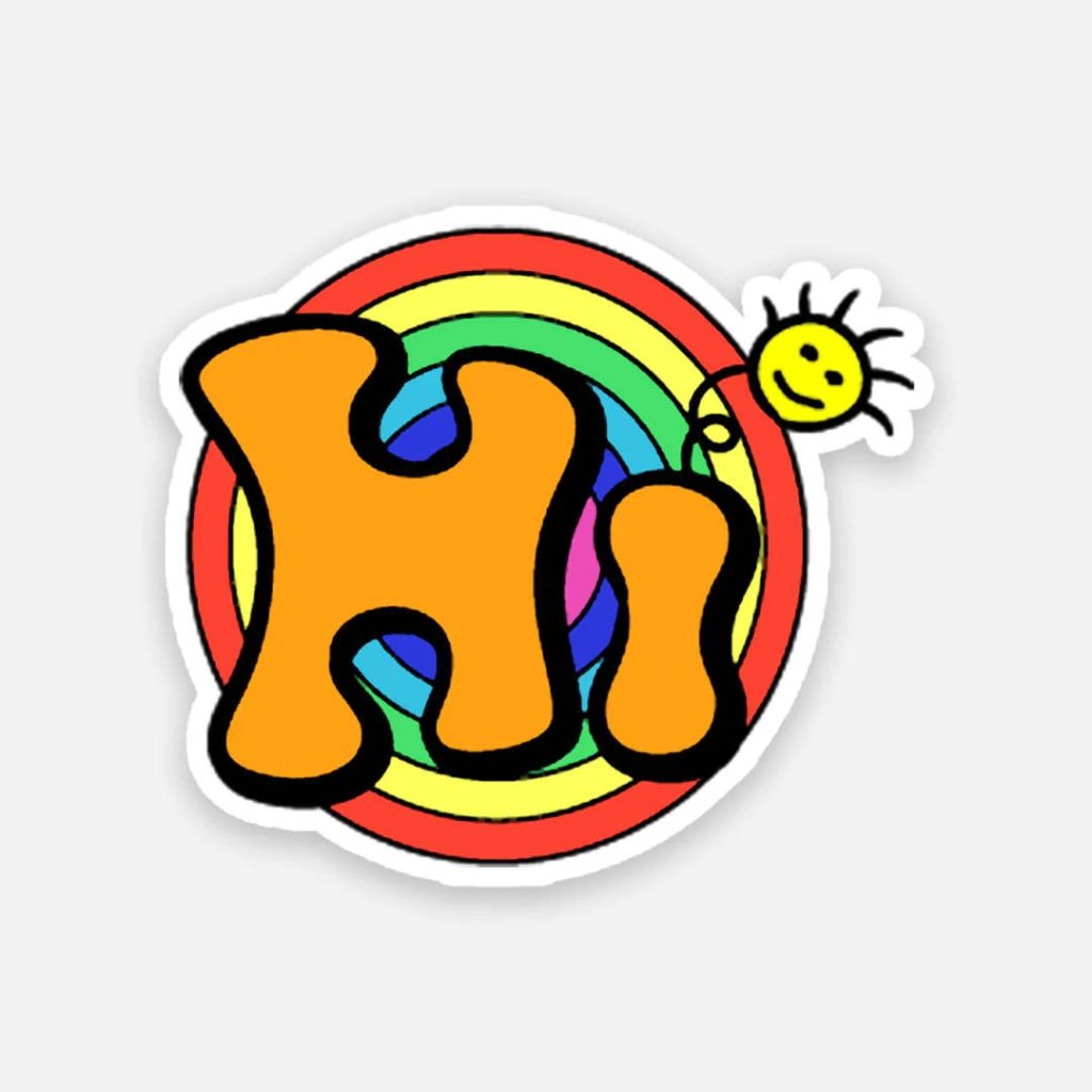 Cheerful Hi wallpaper with bold orange letters and smiling sun on vibrant rainbow circle background