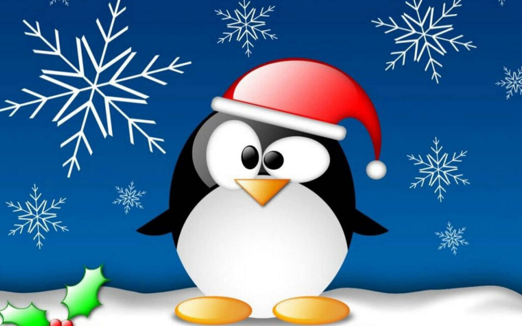 Cheerful Penguin Santa Hat Wallpaper for a Festive Winter Background