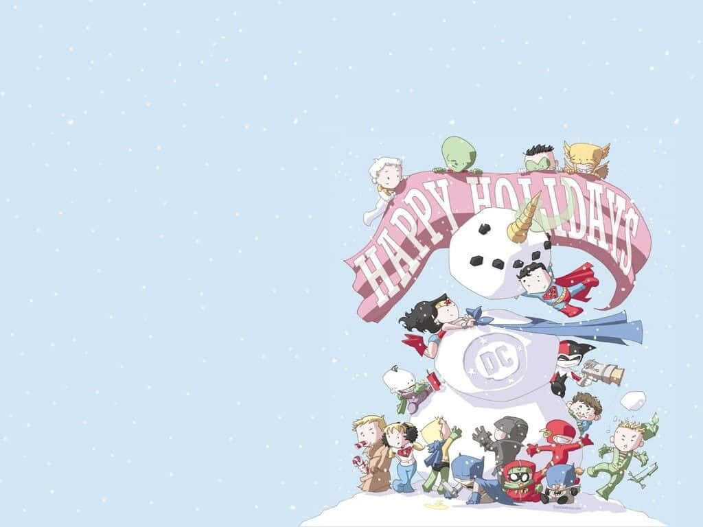 Playful Holiday Wallpaper: Animated Superheroes & Snowman Delight