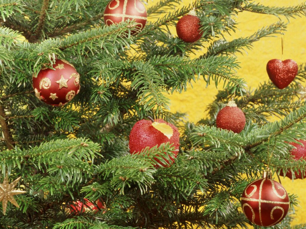 Cheerful Holiday Wallpaper: Decorated Fur Tree with Red Ornaments
