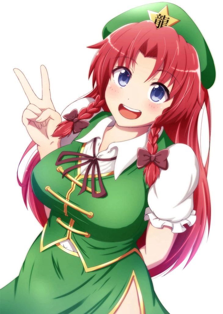 Anime wallpaper of Hong Meiling from Touhou Project with red braids green beret and peace sign