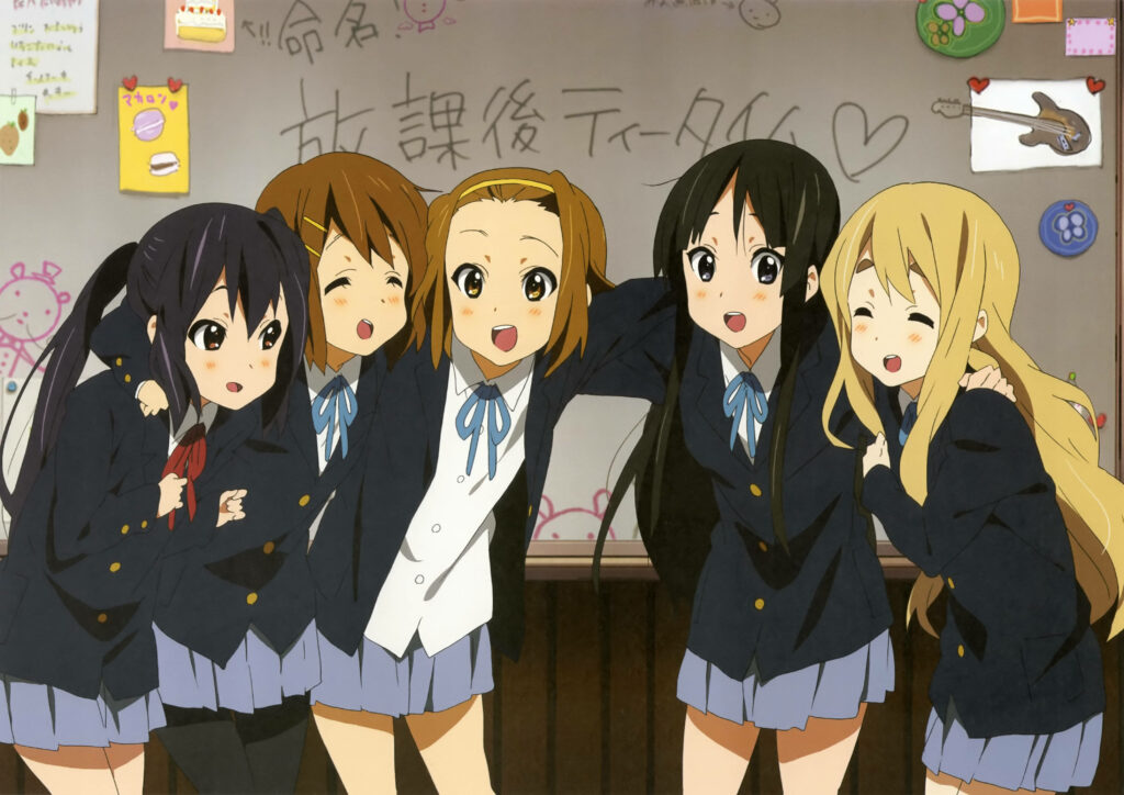 Cheerful K-On! Light Music Club Wallpaper in Classroom Setting