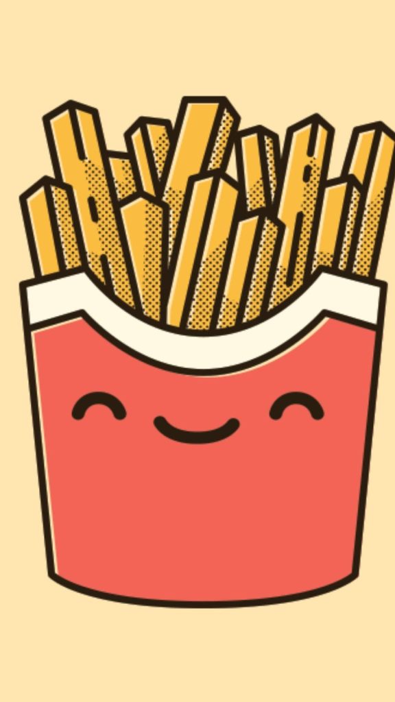 Cute smiling red carton of golden fries retro halftone wallpaper minimalist kawaii design