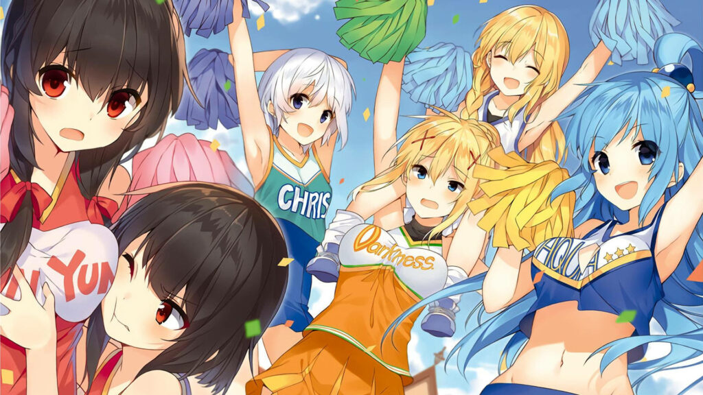 Konosuba's Dynamic Cheer Squad: Bursting with Color and Enthusiasm! Wallpaper