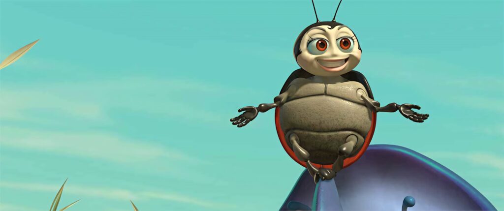 Cheerful ladybug character from A Bugs Life against bright blue sky playful animated film wallpaper