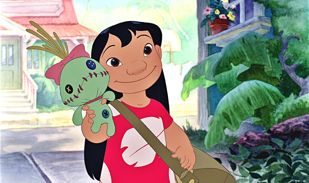 Cheerful Lilo & Stitch Scene: Lilo with Scrump in Tropical Paradise Wallpaper