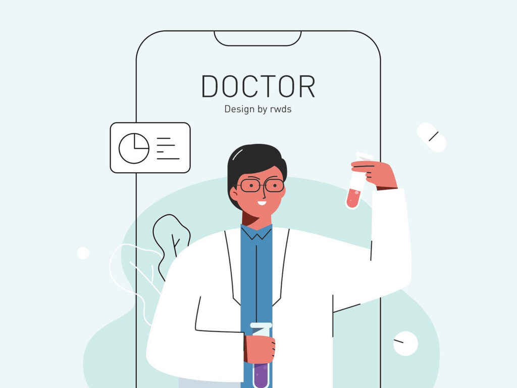 Cheerful male doctor in white coat holding test tubes with medical icons on pastel background Wallpaper