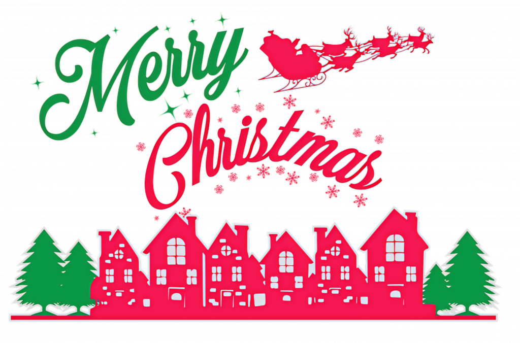 Cheerful Christmas Wallpaper: Merry Message & Sleigh over Village