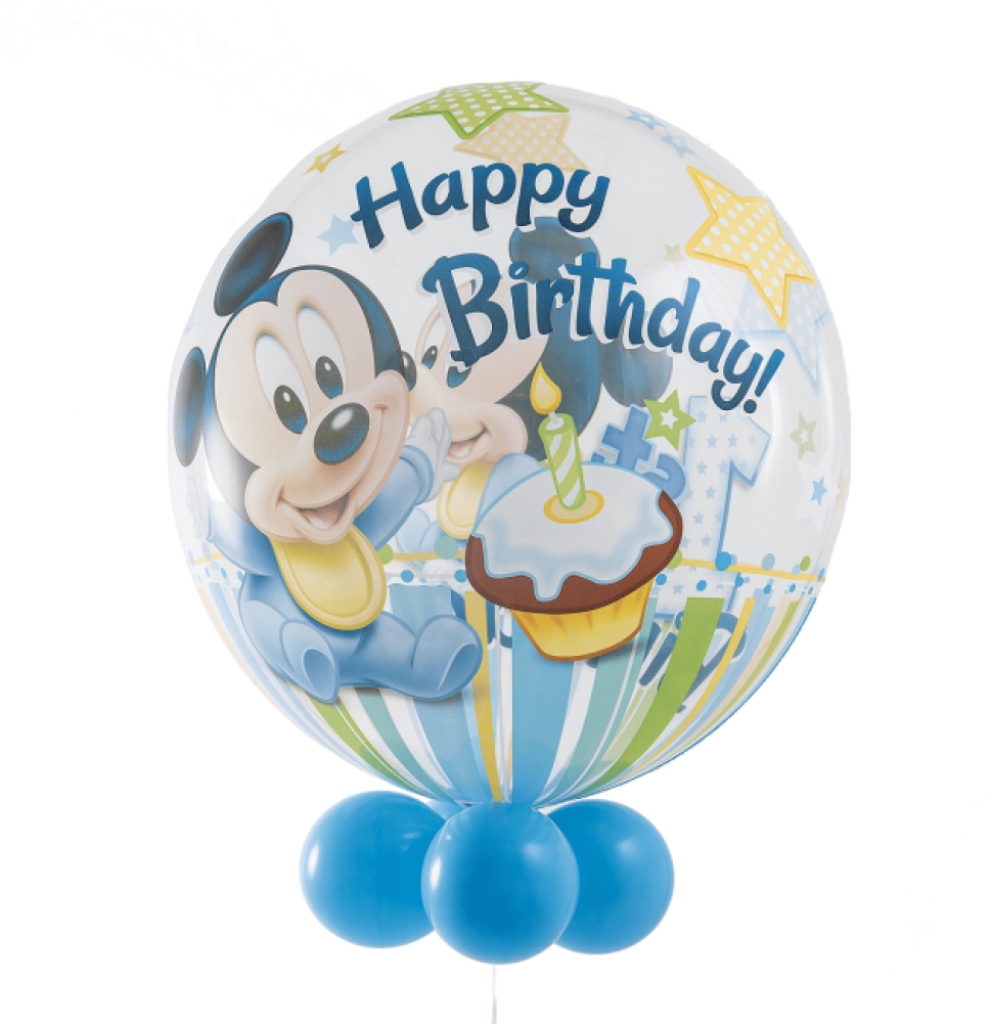 Cheerful Mickey Mouse Birthday Wallpaper with Colorful Balloons & Cupcakes