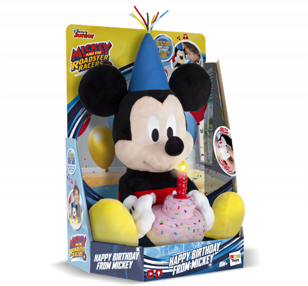 Cheerful Mickey Mouse Plush with Birthday Cake - Festive Wallpaper