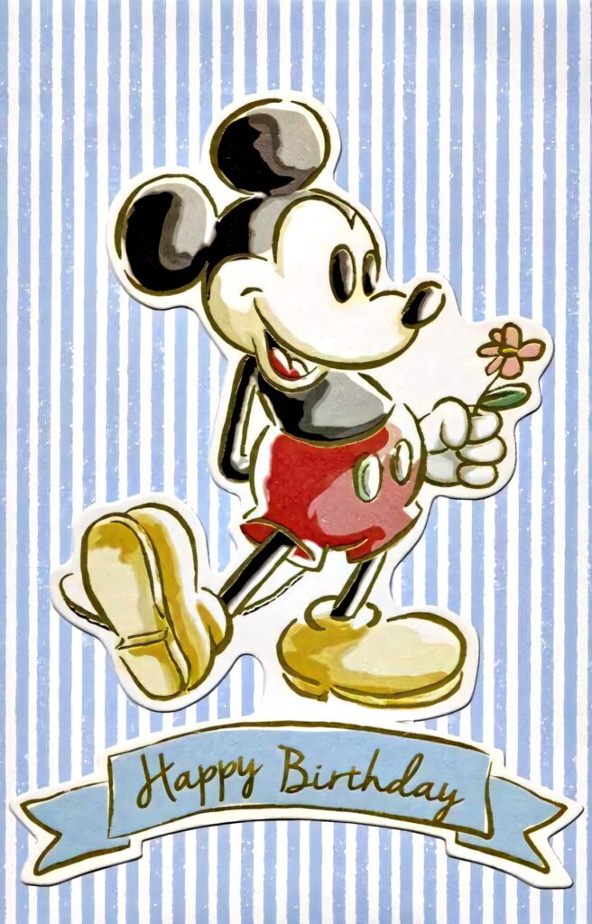 Cheerful Mickey Mouse with Flower & Birthday Banner on Striped Background Wallpaper