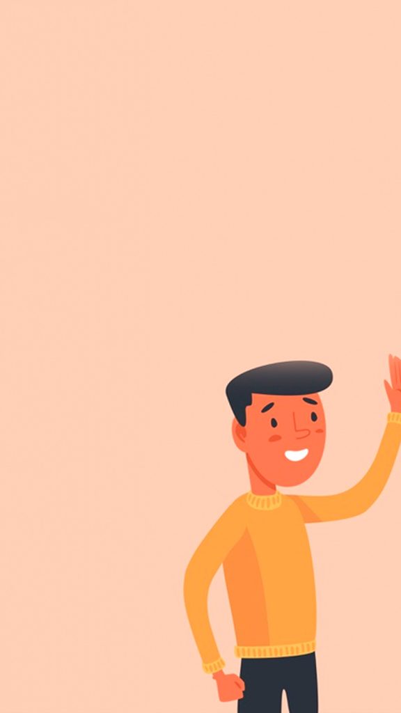 Minimalist 2D vector of man in yellow sweater reaching high-five on soft peach wallpaper background