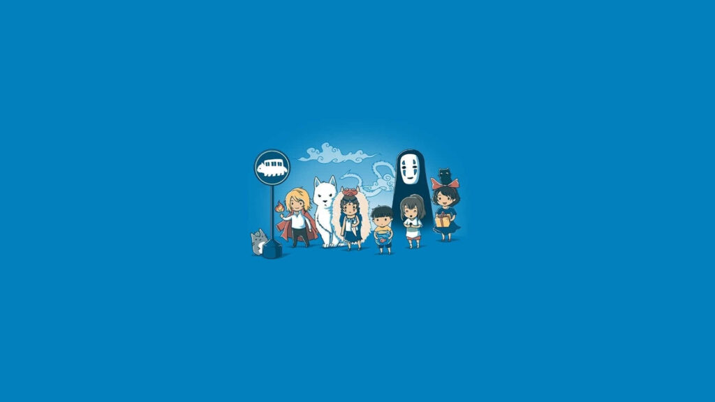 Whimsical Minimalist Wallpaper: Cheerful Characters on Blue Background