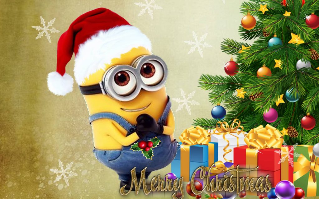 Cheerful Minion in Santa hat by decorated Christmas tree snowy background Merry Christmas wallpaper