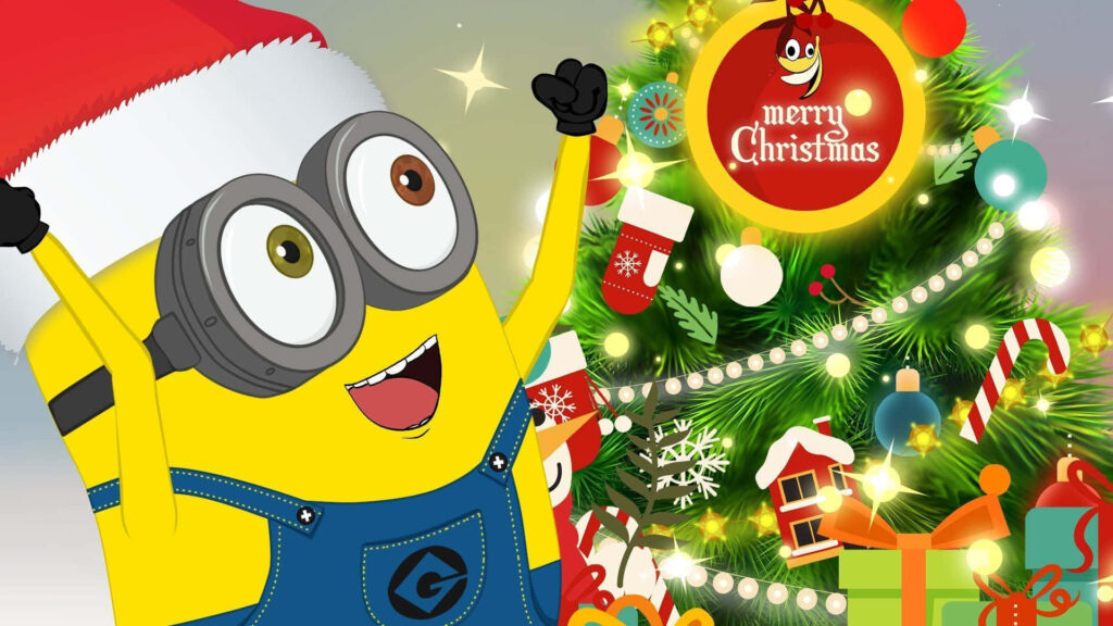 Cheerful Minion in Santa Hat by Festive Christmas Tree Wallpaper