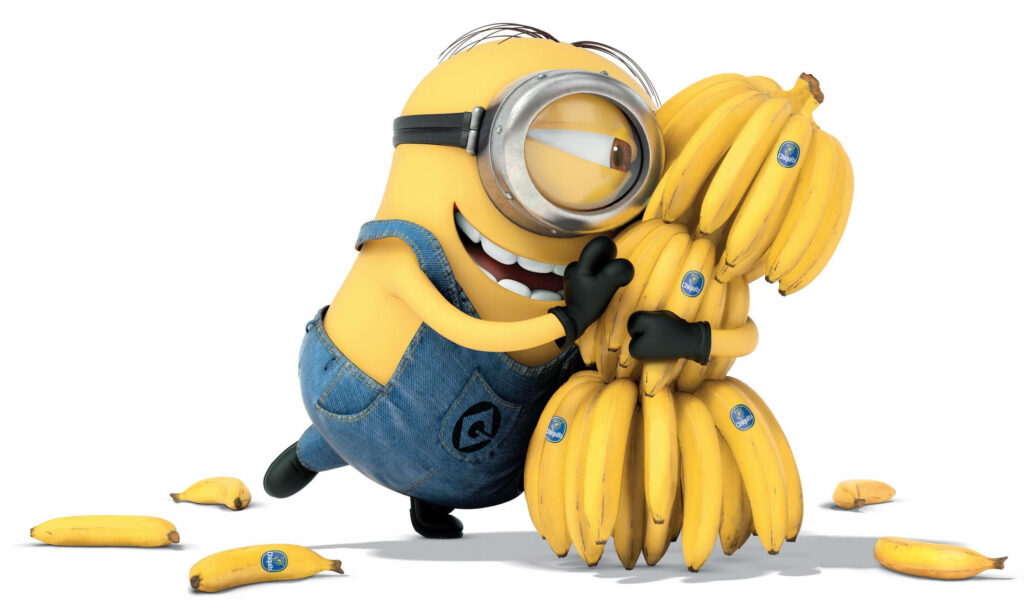 Cheerful Minion Hugging Bananas - Playful Wallpaper Background