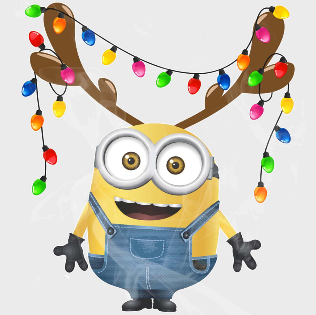 Cheerful Minion Reindeer Wallpaper with Colorful Christmas Lights