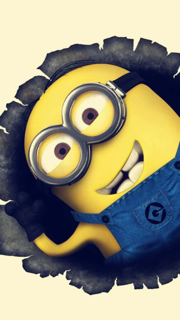 Cheerful Minion Waving Through Torn Background - Fun iPhone Wallpaper