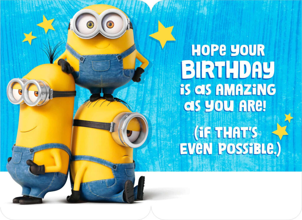 Cheerful Minions Birthday Wallpaper with Stars on Blue Background