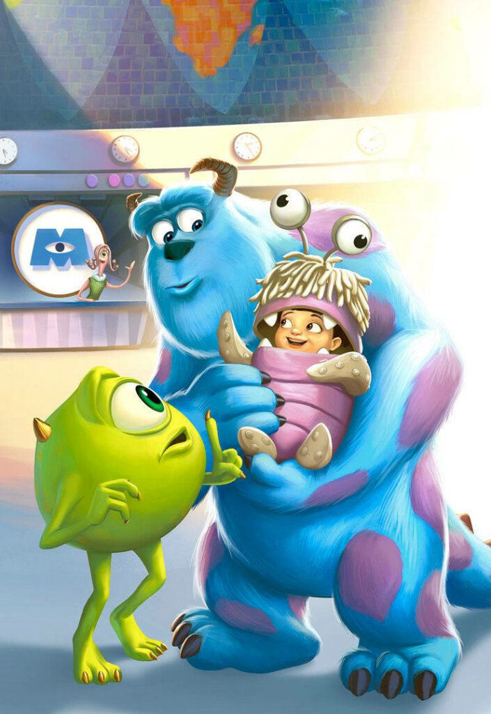 Playful Monsters Inc Art Wallpaper: Sulley, Mike & Boo Scene