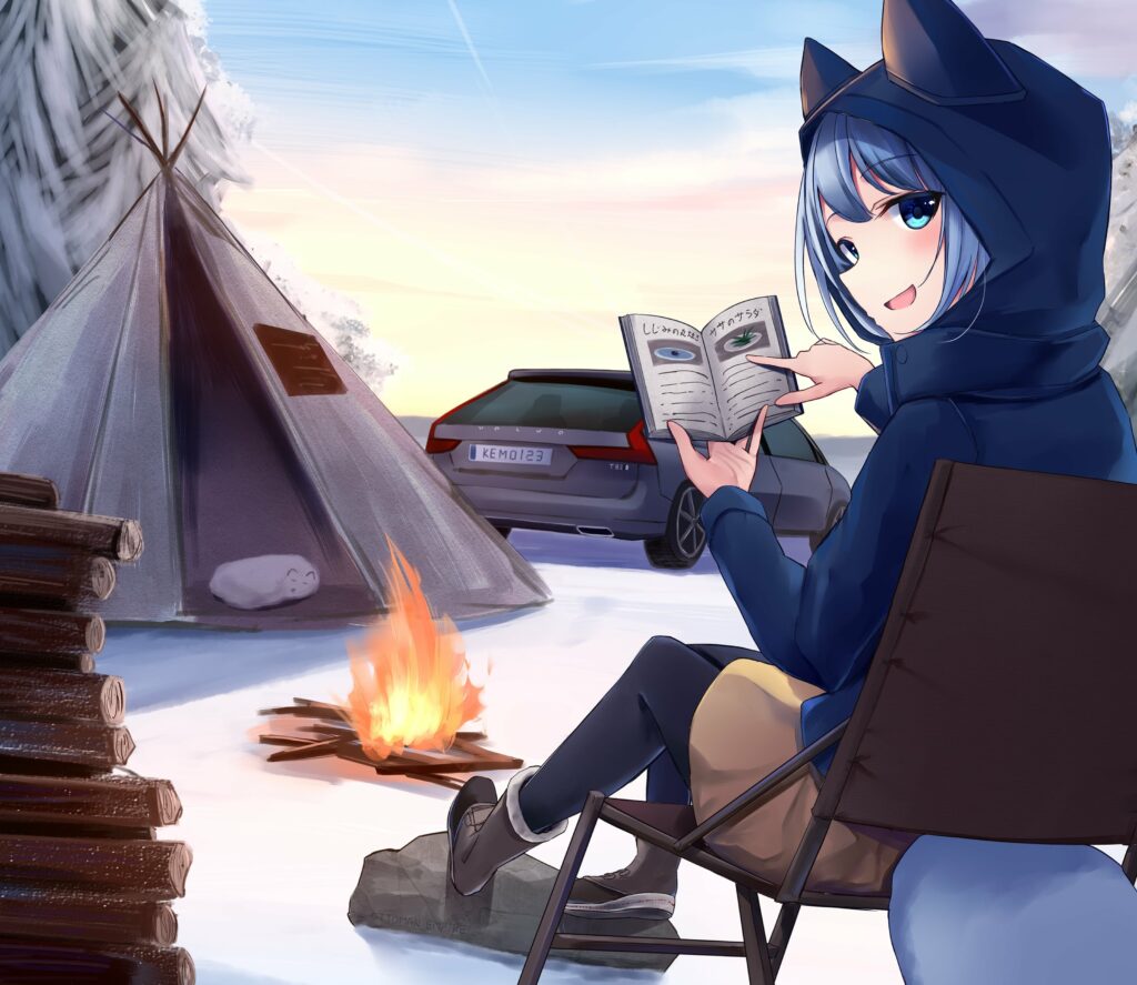 Cheerful Neko Girl by Campfire – Cozy Winter Anime Wallpaper