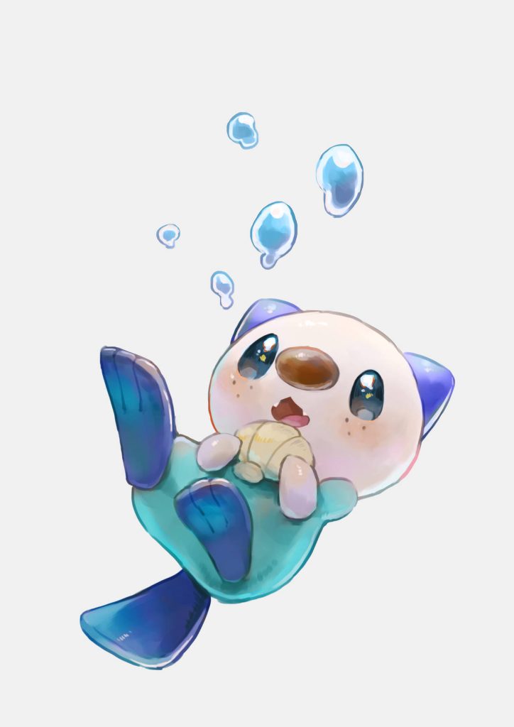 Cute Oshawott falling with scalchop and bubbles digital art wallpaper background design