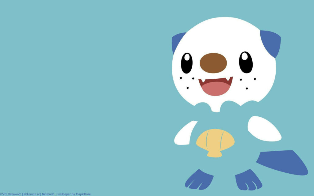 Cheerful Oshawott Pokémon Wallpaper on Light Blue Background