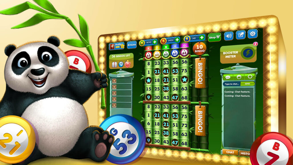 Cheerful panda with colorful bingo balls and vibrant bingo board in fun Panda Bingo wallpaper