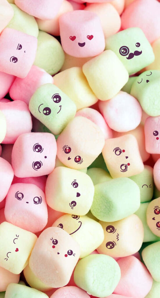 Colorful Pastel Marshmallow Wallpaper with Cute Faces – Cheerful Background