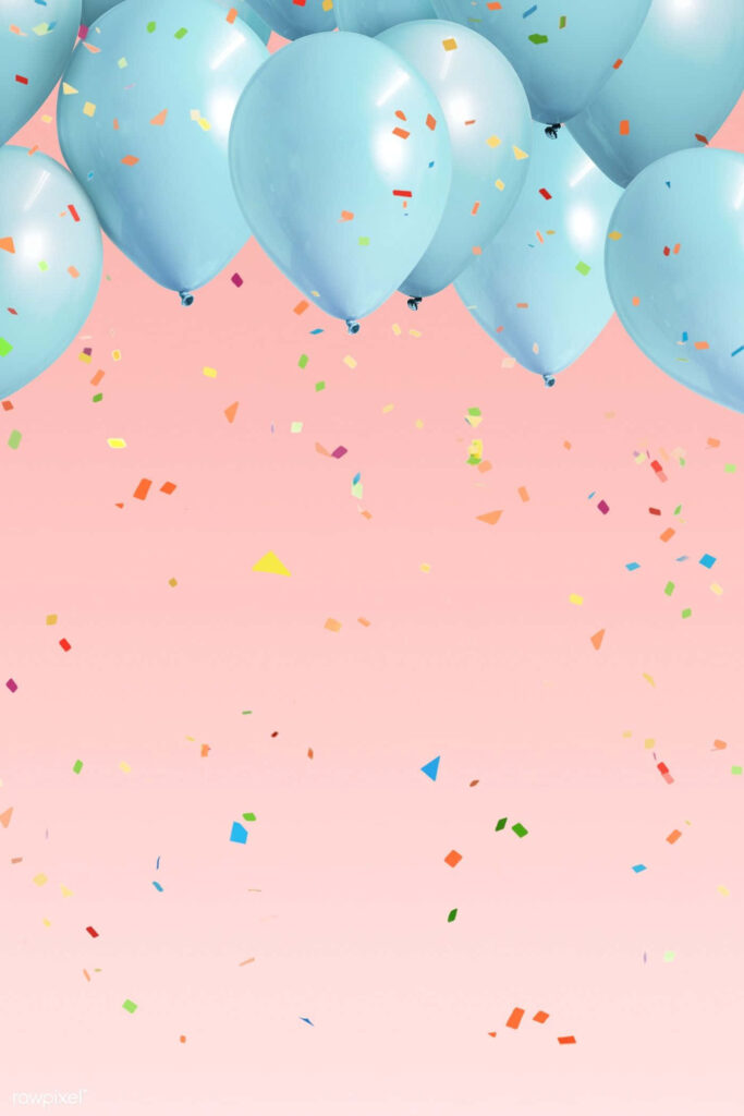 Cheerful Pastel Pink Wallpaper with Blue Balloons & Colorful Confetti