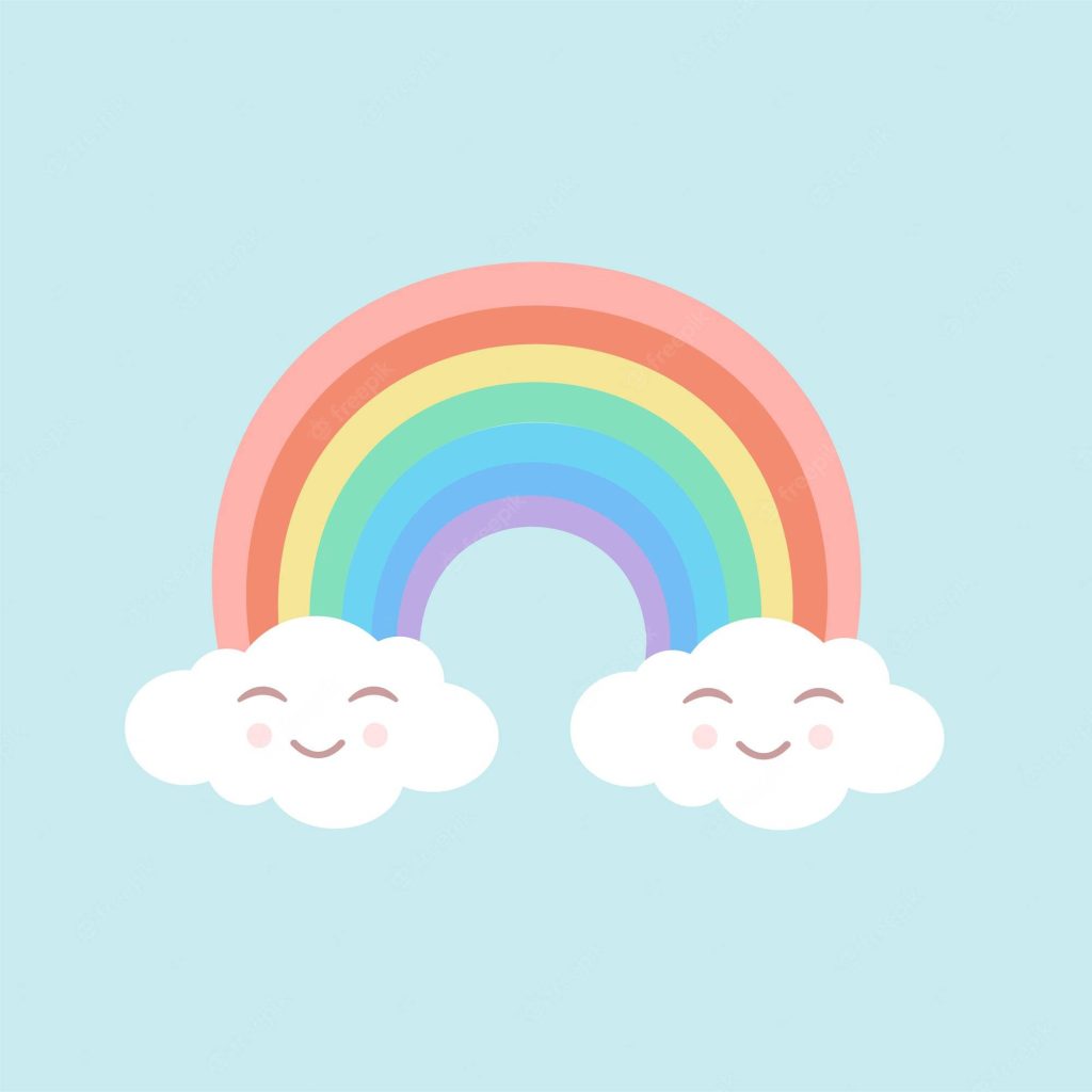Pastel rainbow vector with smiling clouds on light blue background cheerful wallpaper art