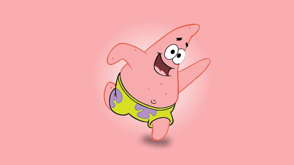 Patrick Star running joyfully in lime shorts on pastel pink background SpongeBob wallpaper