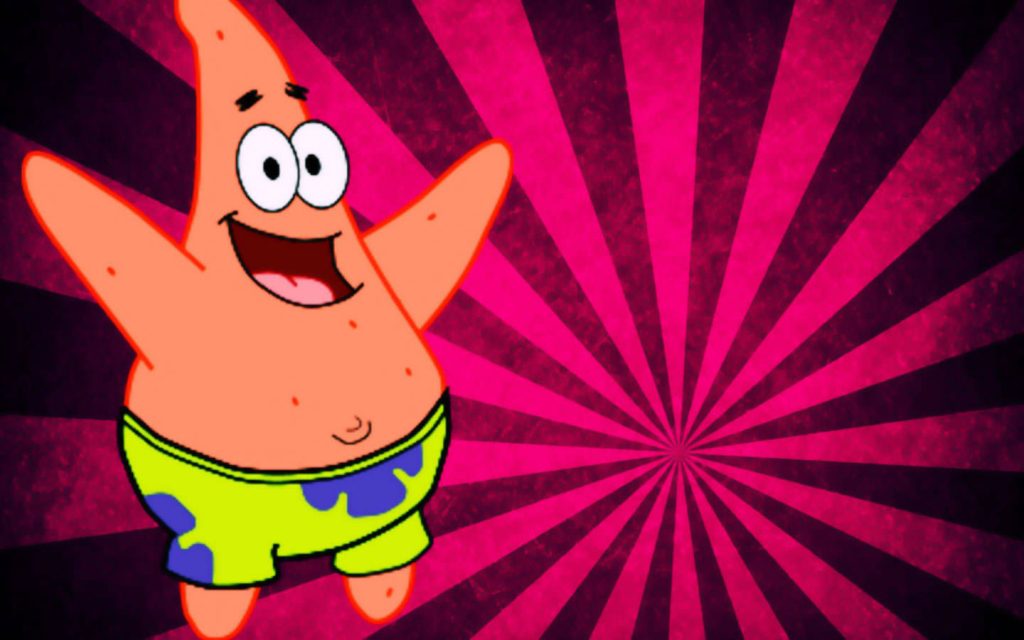 Jolly Patrick Star in lime trunks on vibrant pink black burst background digital wallpaper