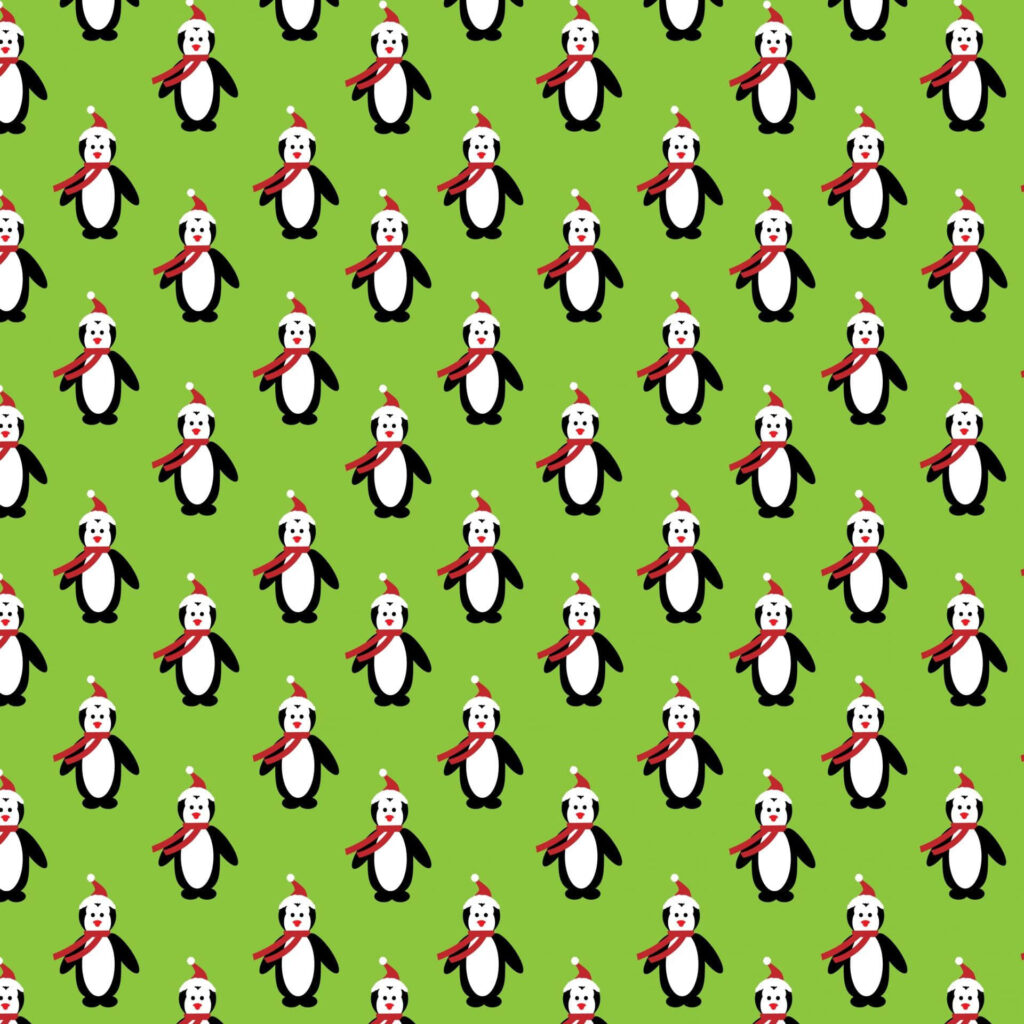Cheerful Penguin Wallpaper: Santa Hats & Scarves on Green Background