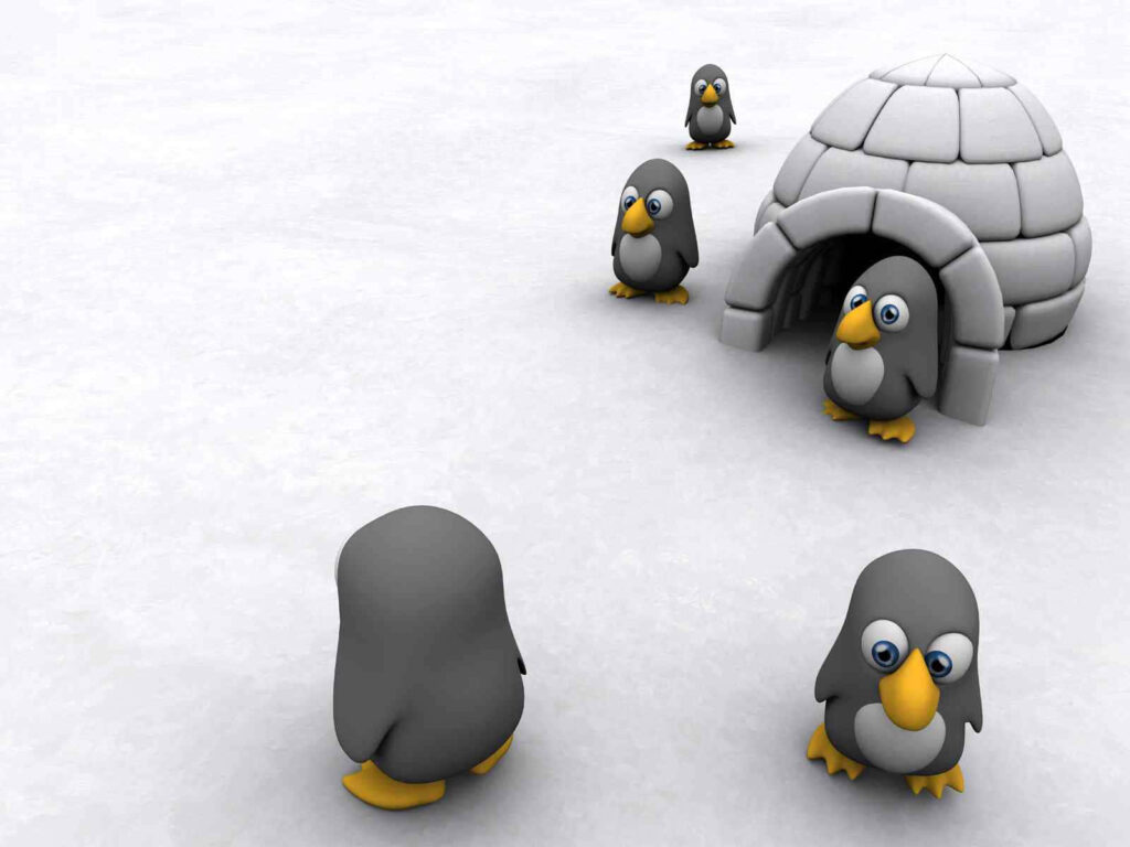 Cheerful Cartoon Penguins Wallpaper: Whimsical Snowy Landscape Background