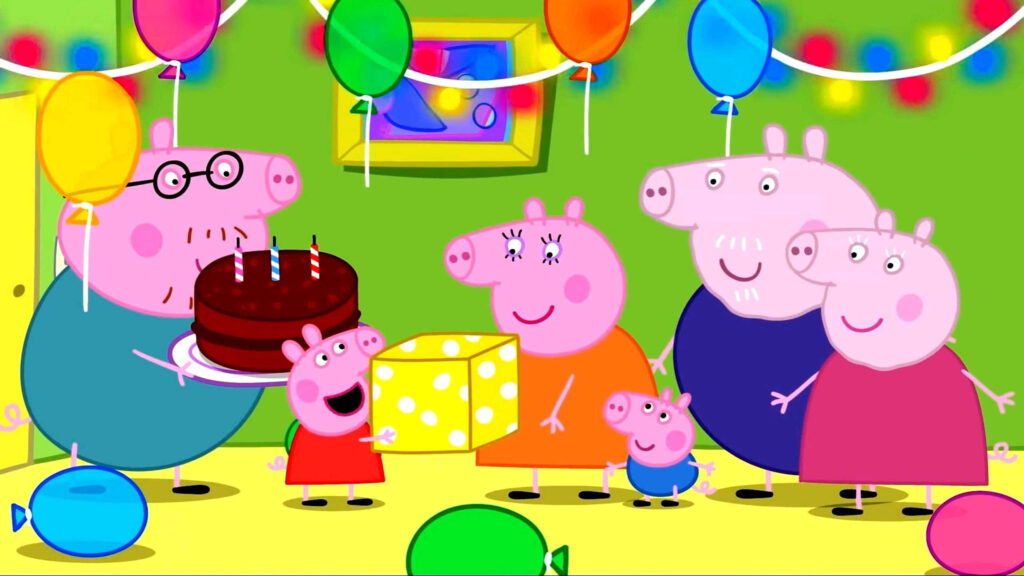 Cheerful Peppa Pig Birthday Wallpaper with Balloons & Cake