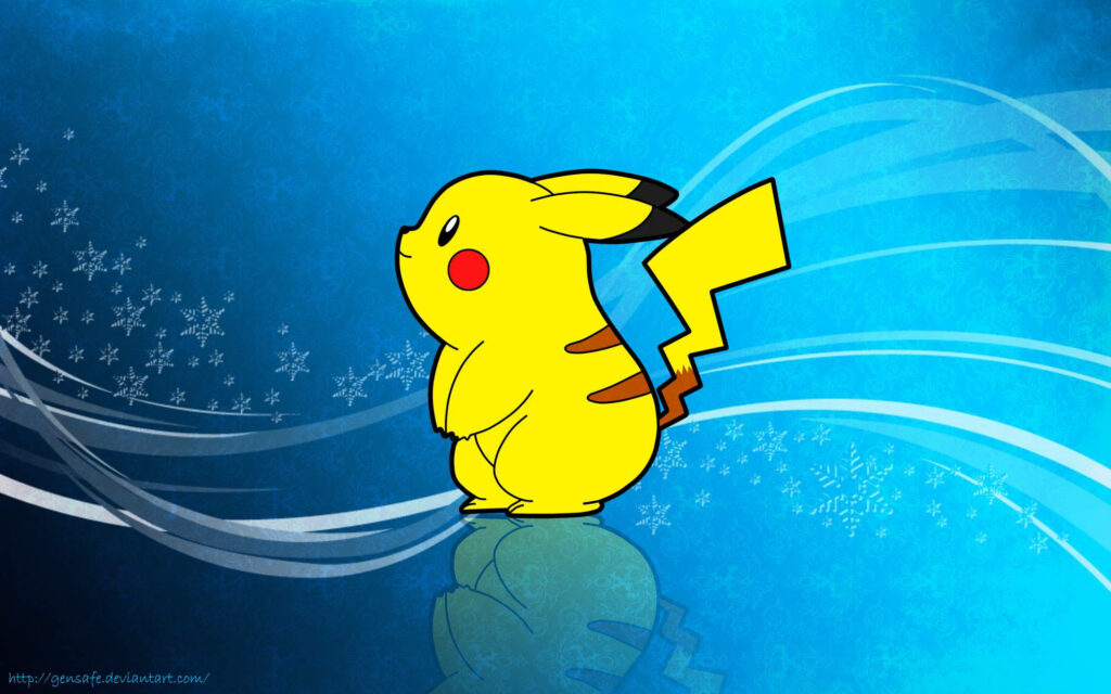Cheerful Chubby Pikachu: Glimpsing Sideways within a Blue Swirls Canvas Wallpaper